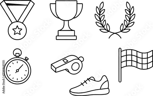 Unique collection of sports symbols including medal, trophy, stopwatch, whistle, shoe, and flag that represent victory and competition