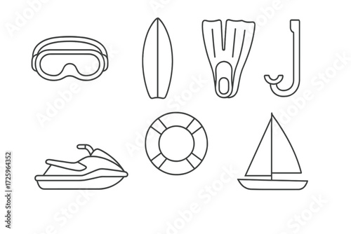 Water sports equipment set with scuba gear, surfboard, fins, hook, jet ski, life preserver, and sailboat