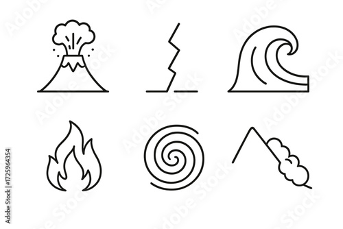 Graphic representation of natural disasters including volcanoes, earthquakes, and tsunamis illustrated in simple icons