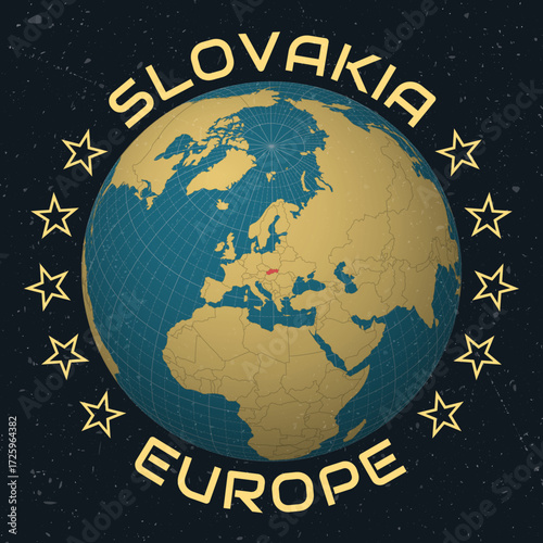 Slovakia on Globe. Country name round text. Vintage look with grunge scratched texture. Country view on world map in Sky Blue Light Yellow color palette. Slovakia shape on map.