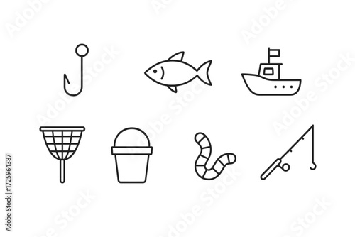 Fishing gear and tools laid out for a day by the water featuring a hook, fish, boat, net, bucket, worm, and rod