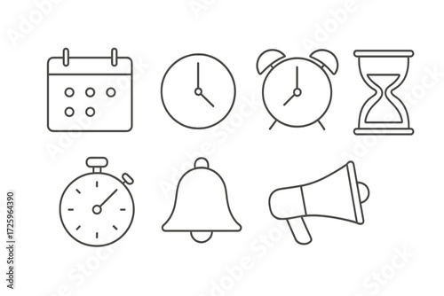 Various timekeeping devices and symbols are illustrated in a simple and clear design style