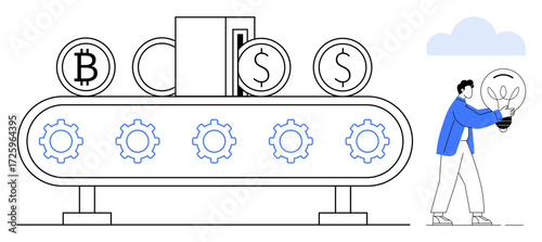 Conveyor belt of gears producing currency coins, person holding light bulb. Ideal for innovation, financial planning, fintech, entrepreneurship, automation, investments creative industries. Simple
