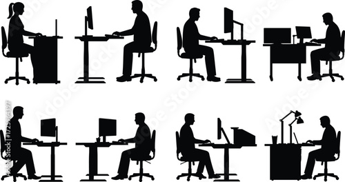 Set of black silhouettes of office workers sitting at desks, using computers and laptops, isolated on a white background, vector illustration