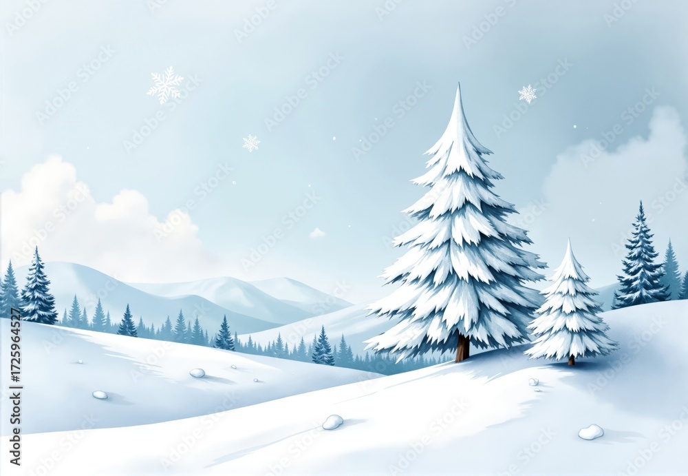 Naklejka premium Snowy Winter Landscape with Two Evergreen Trees