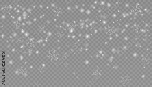 Falling snow with snowflakes overlay on transparent background.