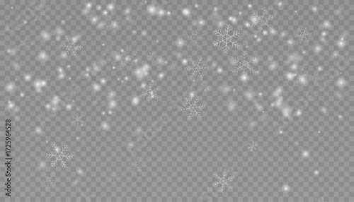 Falling snow with snowflakes overlay on transparent background.