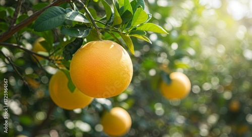 Vibrant grapefruits hanging on tree branches in a citrus grove on a bright day