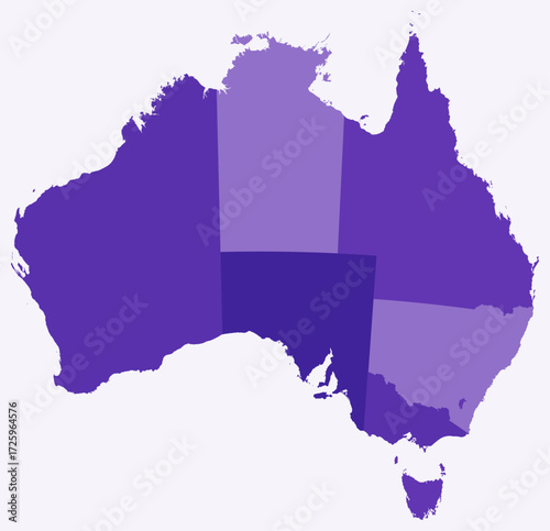 Map of Australia with regions. Just a simple country border map with region division. Deep purple color palette. Blank Australia shape with administrative division. Vector illustration.
