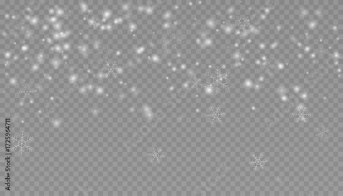 Falling snow with snowflakes overlay on transparent background.
