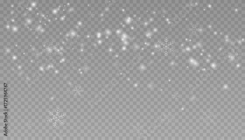 Falling snow with snowflakes overlay on transparent background.
