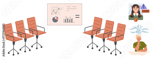 Office chairs alongside analytics graphs and AI concept elements include fake news warning and cognition imagery. Ideal for meetings, AI, decision-making, deception, analytics, planning, teamwork