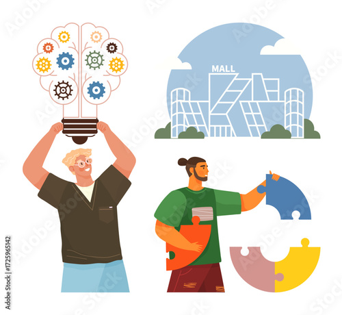 Person holding lightbulb with gears, team assembling puzzle, modern mall in background. Ideal for teamwork, brainstorming, problem-solving, urban growth, innovation, creativity business ideas
