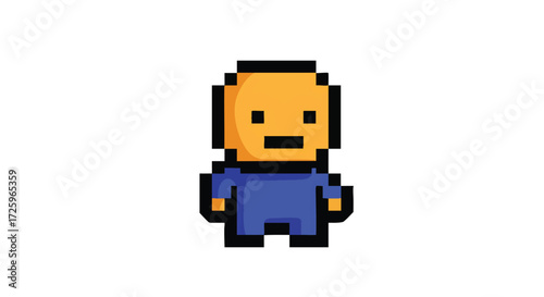 Charming pixel art character illustration featuring a simple, blocky humanoid figure with a yellow head and blue body, ideal for retro game development, digital assets, or minimalist design projects