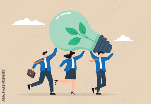 Flat illustration of employees carry green ESG sustainable lightbulb corporate efforts eco-friendly clean energy solutions renewable power reuse