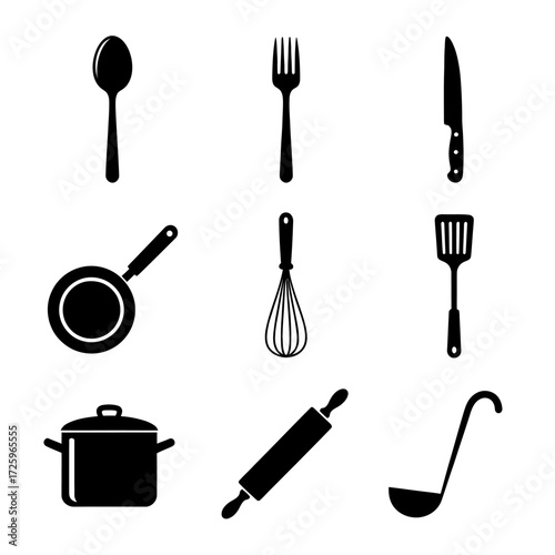 Black silhouette icon set of kitchen utensils and cookware.