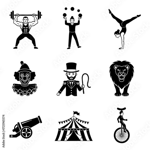 Circus performers and attractions in black and white illustrations.