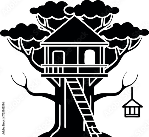 tree house with rope bridges line art illustration on transparent background