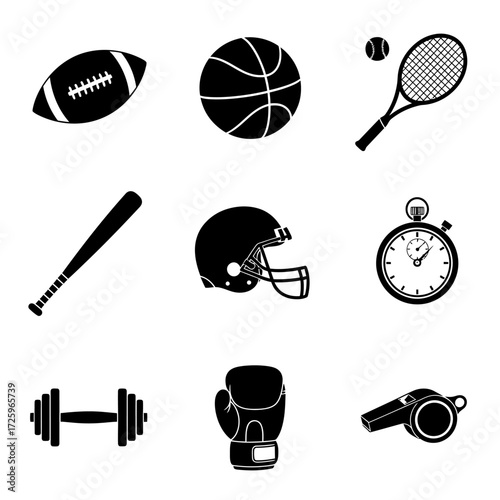 Collection of various sports equipment and accessories in black and white silhouettes.