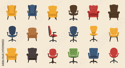 Collection of colorful chairs in various styles and designs, arranged in a grid pattern on a beige background.