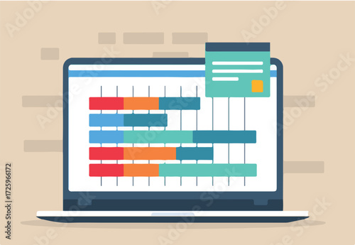 Flat illustration of computer laptop displays gantt chart assisting in planning for software development and project management