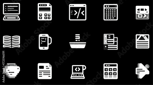 Collection of White Pixelated Icons for Technology and Business.