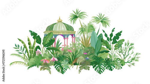 Watercolor illustration of a gazebo surrounded by tropical plants and foliage in a garden setting