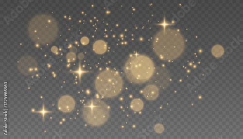 Gold glitter dust and bokeh lights. Golden sparkle overlay effect.