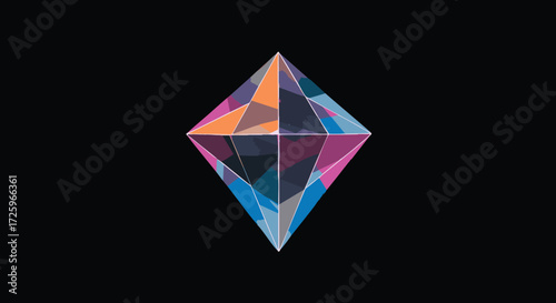 A vibrant, multi-colored geometric crystal with sharp facets isolated on a solid black background.