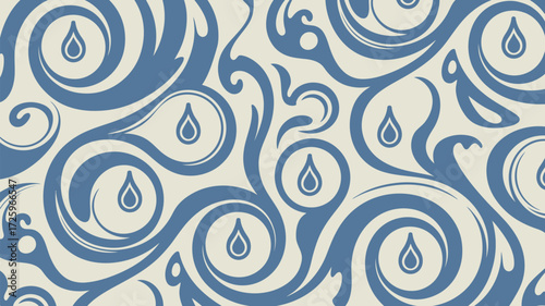 A repeating pattern of swirling blue lines and water droplets on a light background design element