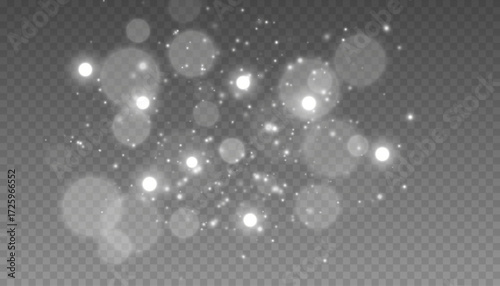 Silver glitter dust and white bokeh. Abstract sparkle overlay.