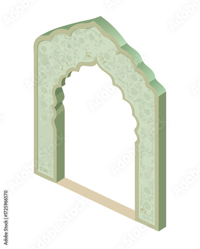 Isometric view of an ornate archway structure with decorative details in a light green color scheme design