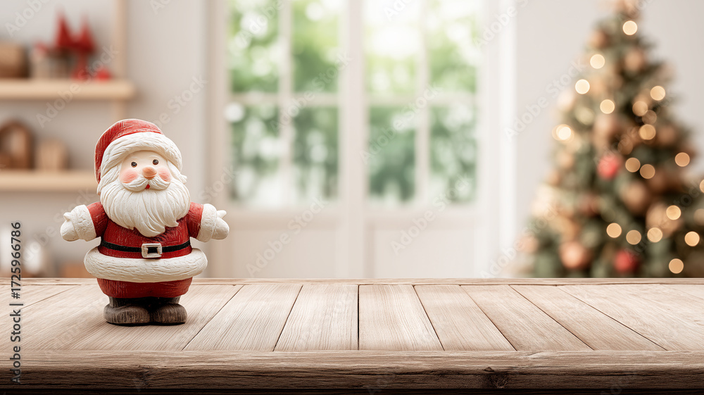 Fototapeta premium Santa Claus figurine on a wooden table in a cozy home scene, suggesting joy, childhood memories, and festive anticipation. 