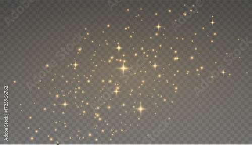 Gold glitter dust and bokeh lights. Golden sparkle overlay effect.