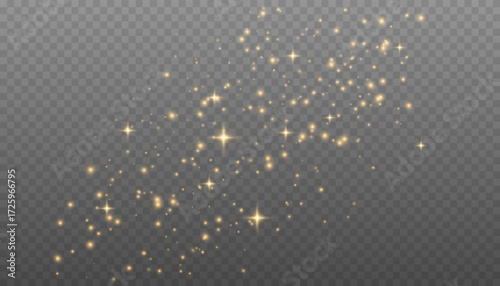 Gold glitter dust and bokeh lights. Golden sparkle overlay effect.