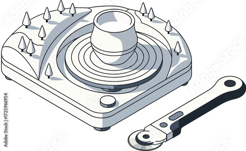 Potter's Wheel and Cutter: A close-up shot showcases a potter's wheel with a centered clay piece, alongside a specialized cutting tool. Ideal for design or pottery theme.