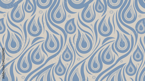 A seamless pattern featuring stylized blue teardrop shapes and swirls on a light beige background art deco