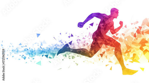 Abstract colorful runner in dynamic motion from geometric particles.