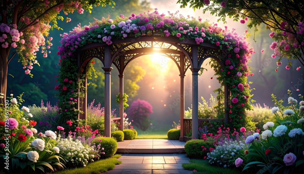 Fototapeta premium Enchanted Floral Arbor: A Serene Garden Gateway with Blooming Cascade of Roses