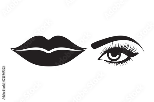 Stylized black and white drawing of lips and eye