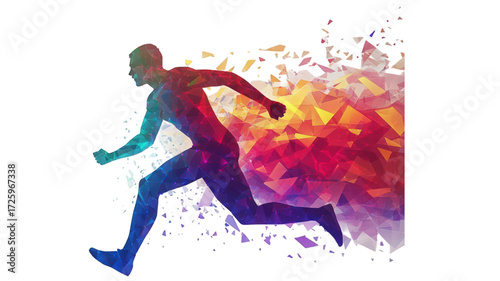 Dynamic athlete silhouette exploding into colorful geometric shapes.