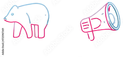 Hand drawn bear and megaphone icons with colorful glitch effect.