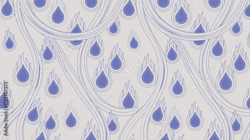 A repeating pattern of blue teardrop shapes with flame like extensions and curved lines on a white surface