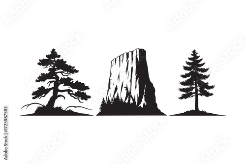 Silhouette of a tree stump with two pine trees in a landscape