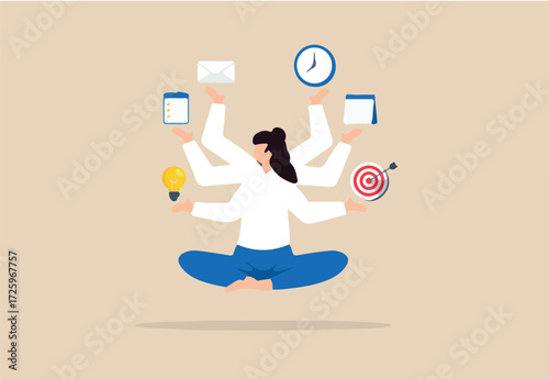 Flat illustration of multitasking businesswoman with six arms floating and handling ideas tasks emails goals time and planning in perfect balance