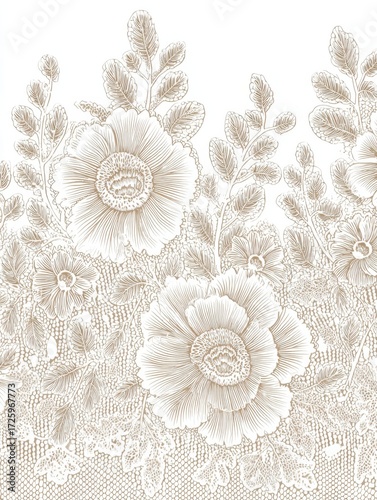 Delicate Floral Lace Design Showcasing Intricate Craftsmanship With Detailed Flowers and Foliage in Soft Beige Tones, Perfect for Elegant Decor or Fashion