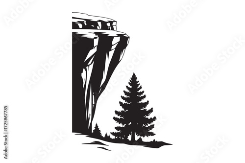 Dramatic cliff face overlooking a lone evergreen tree