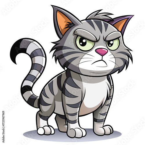 An Angry Striped Cat Cartoon Illustration with a Grumpy Expression and a Curled Tail Standing Firmly on the Ground