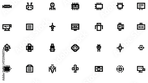 Retro pixel art icons for technology and sci fi.