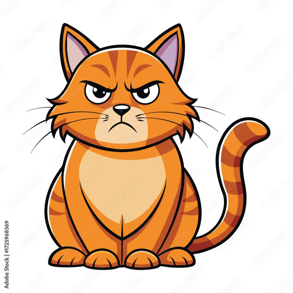 Obraz premium An Irritable Orange Tabby Cartoon Cat with an Annoyed Expression and Patterned Fur is Sitting Down on a White Background